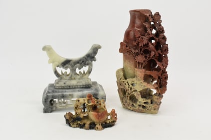 Vintage Asian Soapstone Carving of Vase with Flowers