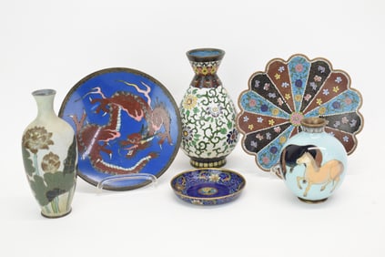 Group of Six Asian Cloisonne Table Articles
