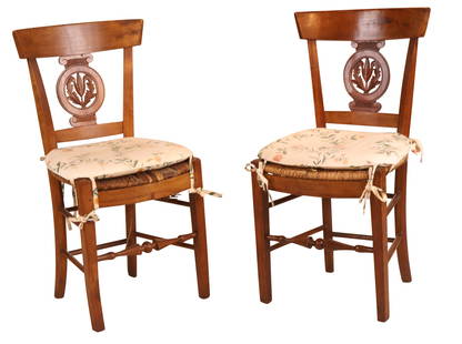 Pair of French Provincial Style Fruitwood Side Chairs: Pair of French Provincial Style Fruitwood Side Chairs19th/20th C. with rush seats.Some wear, surface distress.33 1/4 x 16 x 15 in. (84.5 x 40.6 x 38.1 cm.)