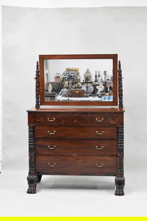 Antique Empire Mahogany Chest of Drawers: Antique Empire Mahogany Chest of DrawersAntique Empire Mahogany Chest of Drawers. Having a looking glass above four drawers on large claw feet. Used condition, wear, worn, veneer losses, drawer pull r