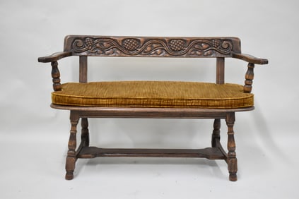 Arts and Crafts Style Carved Oak Bench