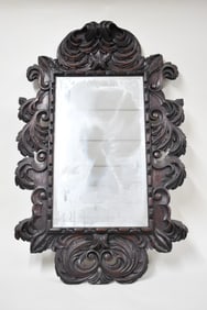 Antique Heavily Carved Oak Hanging Wall Mirror
