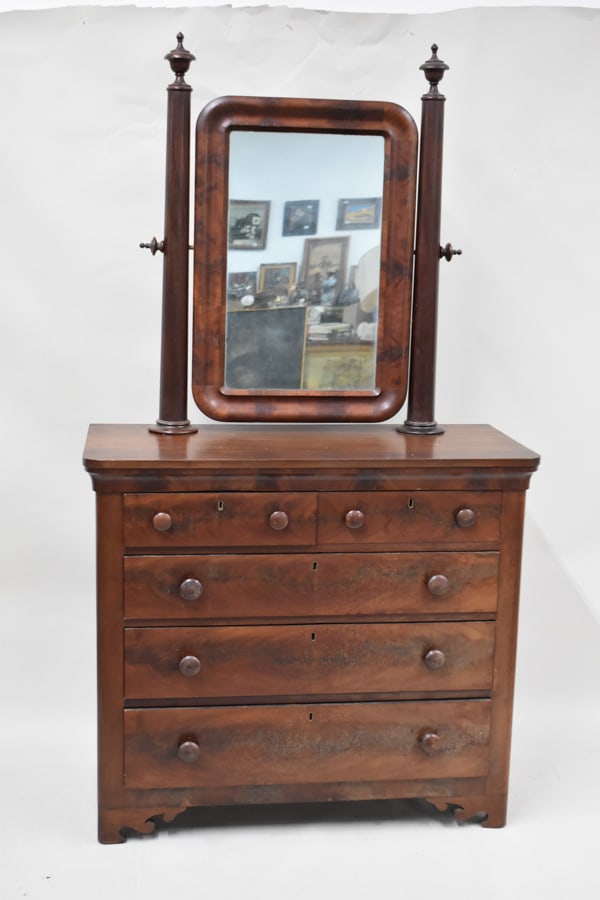 Antique Mahogany Vanity Chest of Drawers: Antique Mahogany Vanity Chest of DrawersAntique Mahogany Vanity Chest of Drawers with mirror. Used condition, surface distress. 76 1/2" tall x 42 1/2" x 19 3/4"