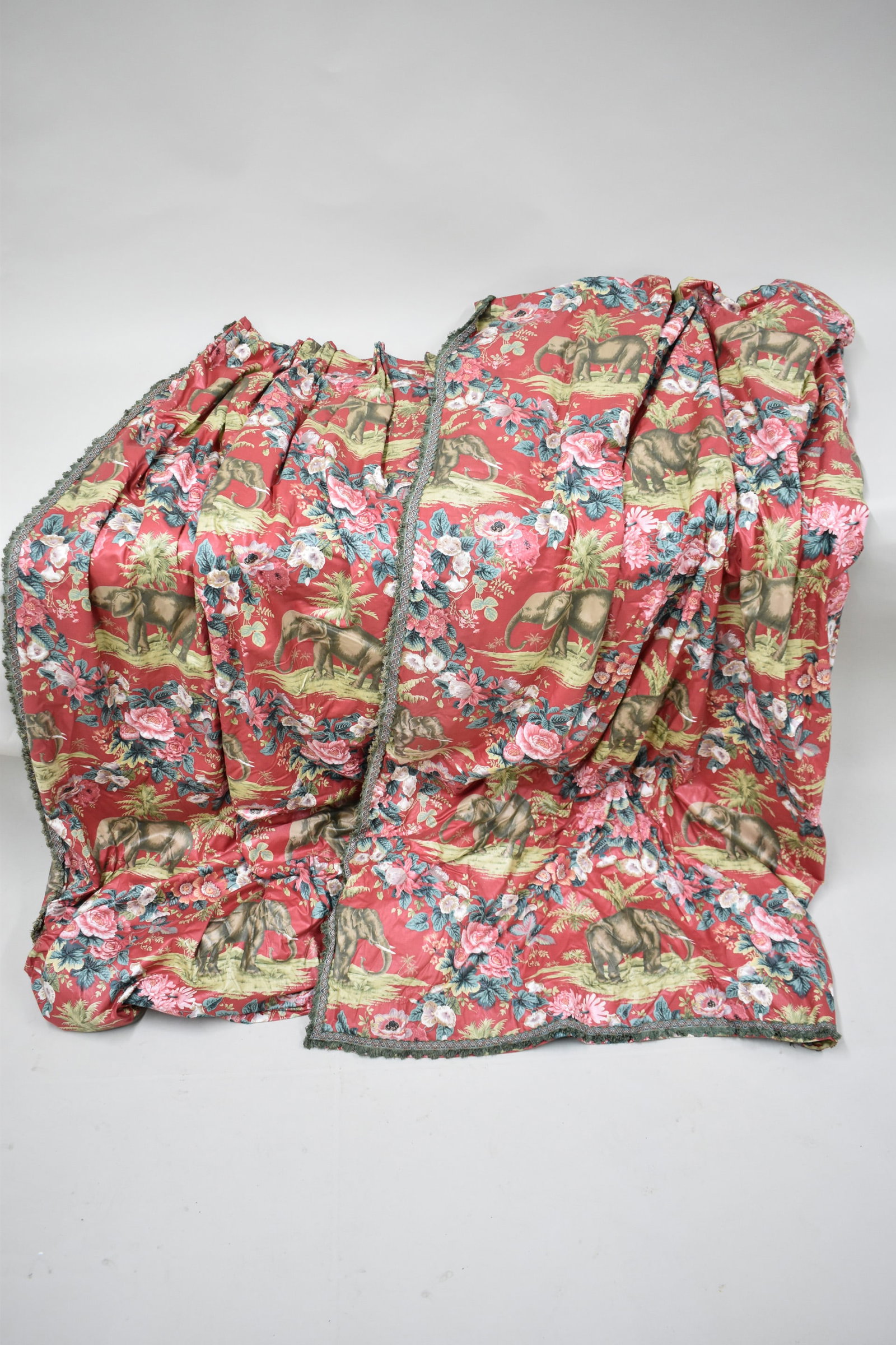 Set of Rose Cumming Jumbo's Delight Curtains: Set of Rose Cumming Jumbo's Delight Curtains Set of Rose Cumming Jumbo's Delight Curtains, each having triple lining, stains to lining, each panel measures 105" long x 106" wide at bottom x 50" wide a