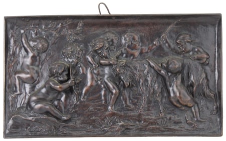 Cherubs at Play with Goat, Cast and Patinated Bronze Bas Relief Plaque