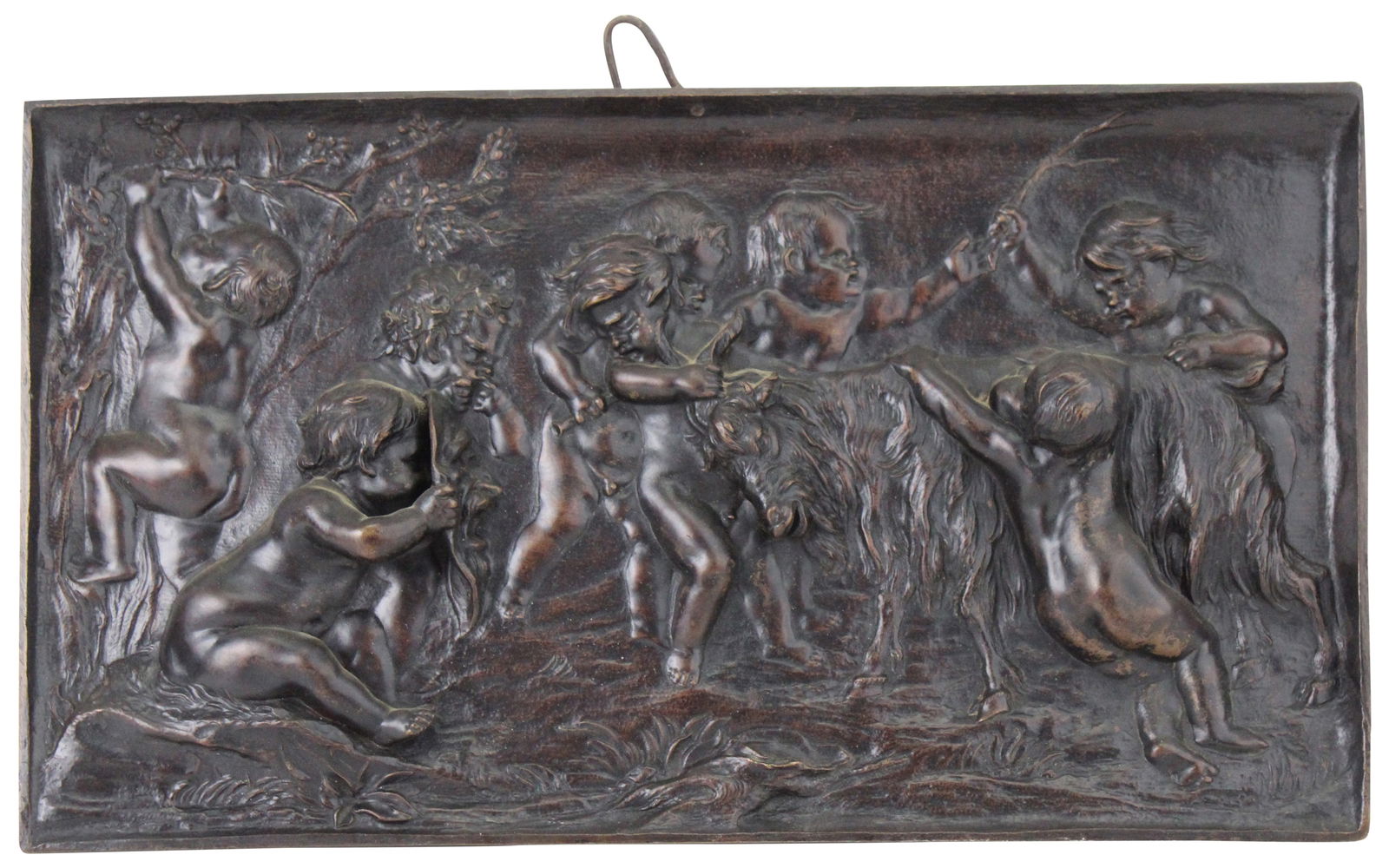 Cherubs at Play with Goat, Cast and Patinated Bronze Bas Relief Plaque (1 of 5)