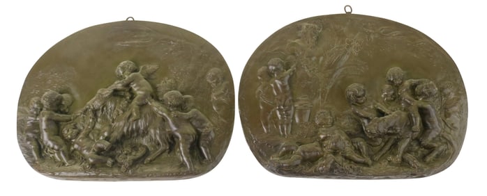 Cherubs with Goat and Tiger, Two Patinated Bronze Bas Relief Plaques