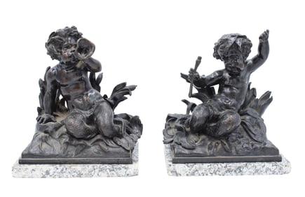 Two Satyrs, Silvered Bronze Sculptures