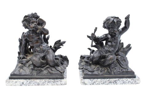 Two Satyrs, Silvered Bronze Sculptures: Two SatyrsSilvered Bronze SculpturesProbably Italian or German, appears to be unmarked, with separate marble bases.Provenance: Parke Bernet, lot 224, Oct. 27, 1973, $2259 x 8 1/4 x 5 1/4 in. (22.9 x 2