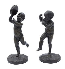 Two Putti Playing Musical Instruments, Bronze Sculptures