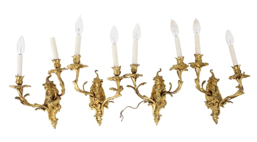 Two Pairs of Louis XV Cast-Bronze Chinoiserie-Decorated Two-Light Wall Sconces