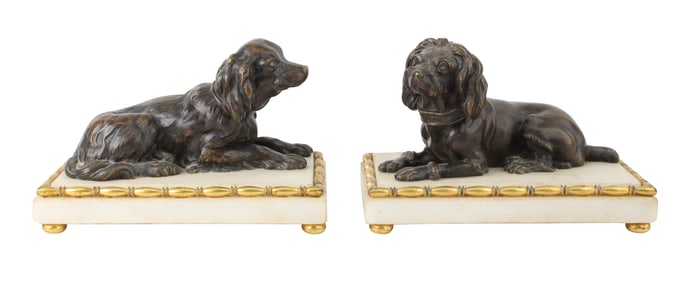 Pair of Louis XVI Cast Bronze Figures of Recumbent Dogs