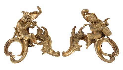 Pair of Louis XV Monkey Decorated Ormolu Chenet