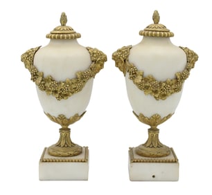 Pair of Louis XVI Ormolu-Mounted Alabaster Porphyry Urns