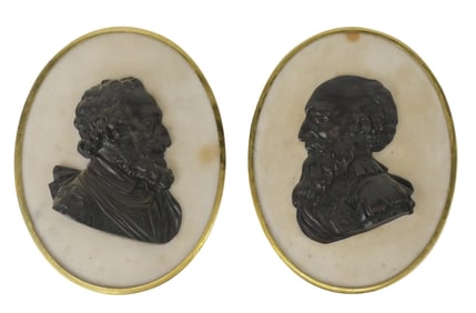 Pair of Restauration White Marble and Patinated Bronze Medallions
