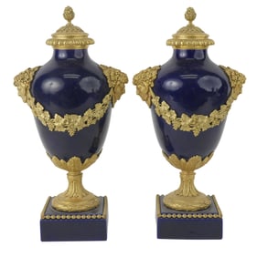 Pair of Ormolu-Mounted Cobalt Glazed Porcelain Porphyry Urns