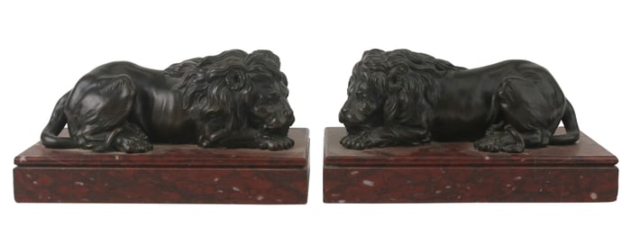 Pair of Patinated Bronze Recumbent Lions