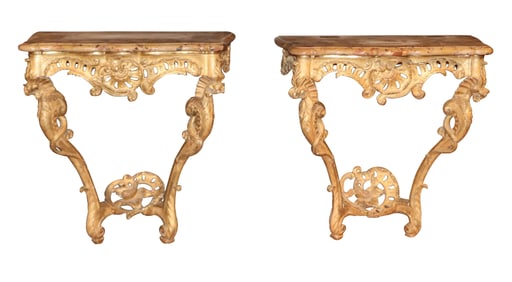 Two Nearly Identical Louis XV Marble Top Giltwood Console Tables