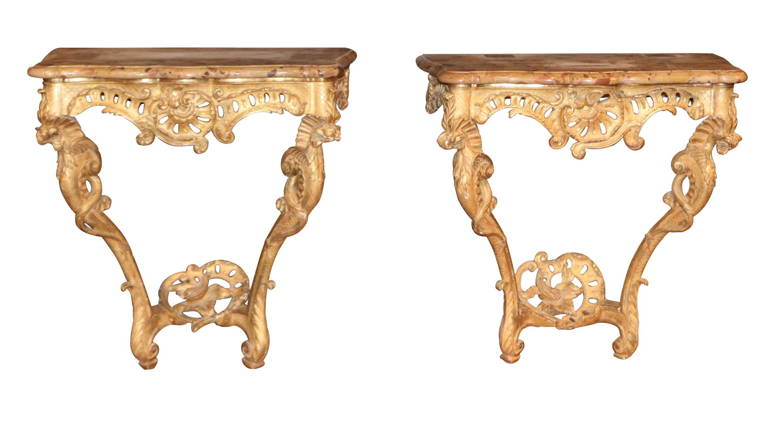 Two Nearly Identical Louis XV Marble Top Giltwood Console Tables: Two Nearly Identical Louis XV Marble Top Giltwood Console TablesFrench, 18th C. labeled underside.Provenance: Parke Bernet, Lot 176, Mar 8, 1975, $40033 x 31 x 17 1/2 in. (83.8 x 78.7 x 44.5 cm.)