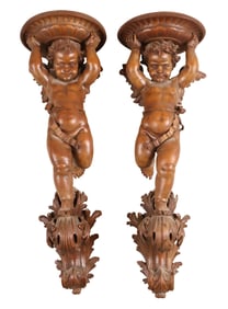 Pair of Carved Boxwood Putti-Form Wall Brackets