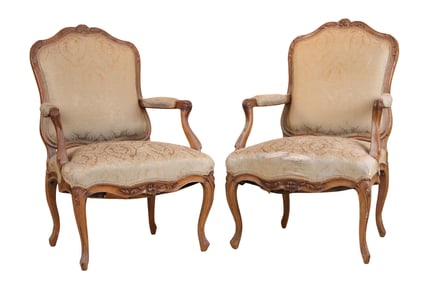 Pair of Louis XV Carved Walnut Fauteuil a la Reine