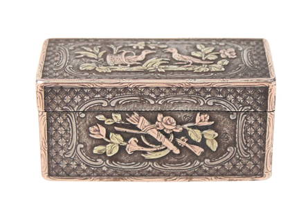 Jean Moynat Mixed Metal Snuff Box: Jean Moynat Mixed Metal Snuff BoxFrench, 18th C. Silver box with applied gold decoration. Overall chased and engraved with musical instruments, flowers, and wild fowl. Marks on lid and side.Provenance