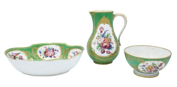 Sevres Apple Green Ewer, Basin, and Bowl
