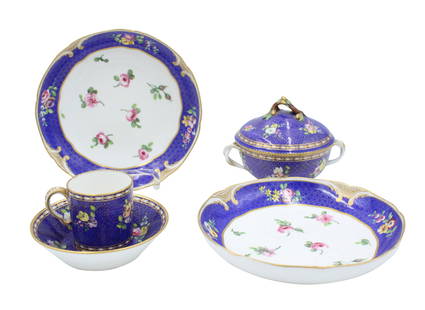 Four Sevres Porcelain Table Articles: Four Sevres Porcelain Table ArticlesFrench, 18th C. plates initialed L.B. (Bertrand), a covered dish, and a teacup and saucer.Plate: 1 1/2 x 8 1/4 in. (3.8 x 21 cm.)