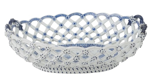 English Blue and White Porcelain Reticulated Basket