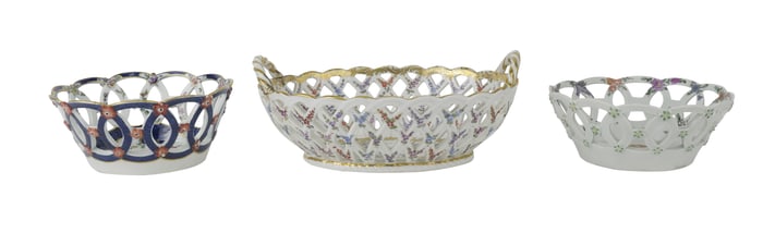 Three Floral-Decorated Porcelain Reticulated Baskets