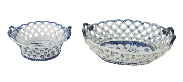 Two English Blue & White Porcelain Reticulated Baskets