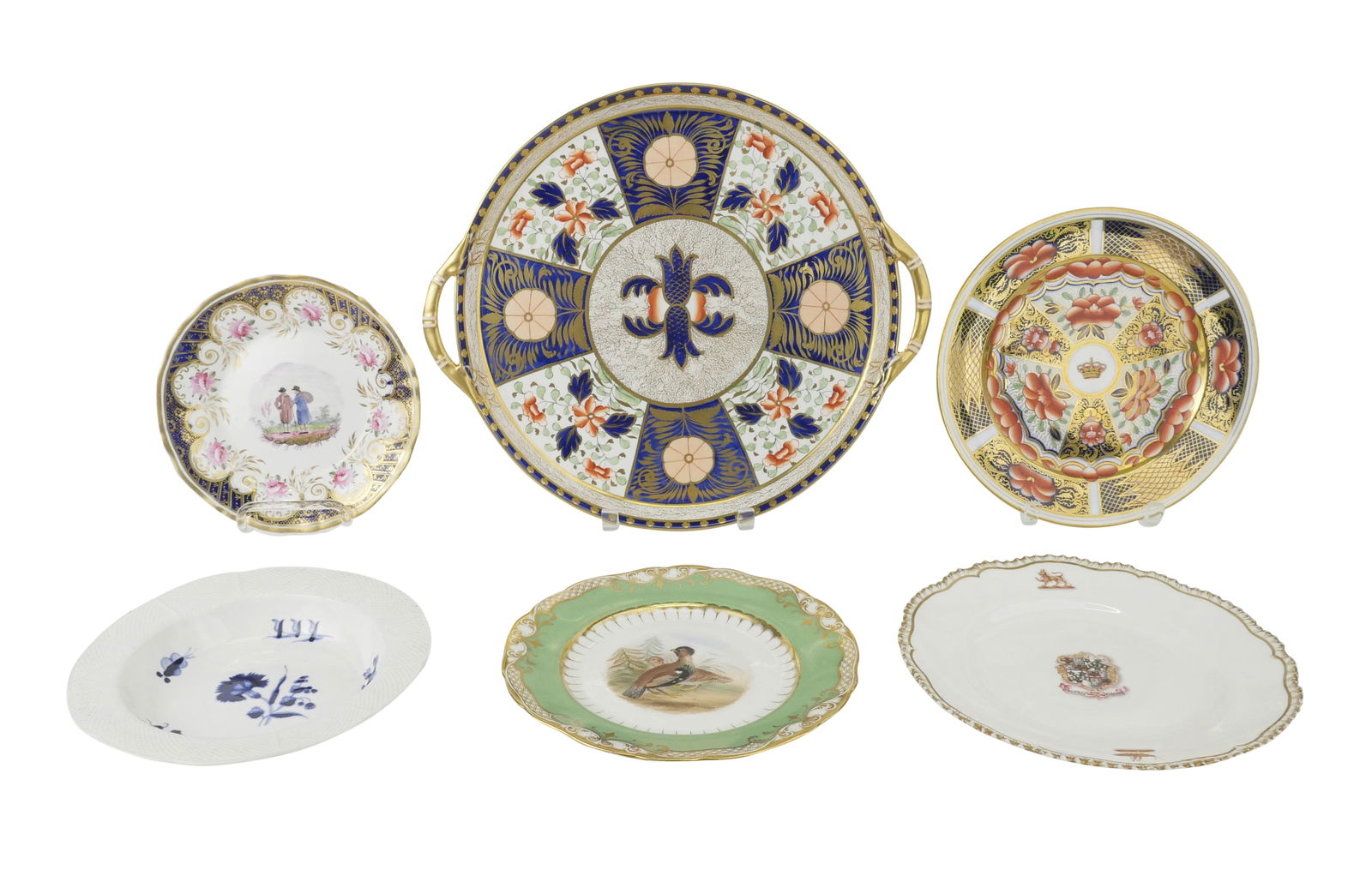 Six Coalport Porcelain Plates, Bowls, and Tray: Six Coalport Porcelain Plates, Bowls, and TrayComprising, an imari pattern double handled tray, c. 1830 (Provenance: 16 Oct. 04, NYC, there is no factory mark, but there is a faint mark of the retaile