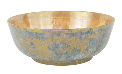 Wedgwood Fairyland Lustre Celestial Dragon Bowl: Wedgwood Fairyland Lustre Celestial Dragon BowlEnglish, decorated with gilt dragons against a mottled orange background.Provenance: 26 Oct. 2013, NYC4 x 11 in. (10.2 x 27.9 cm.)