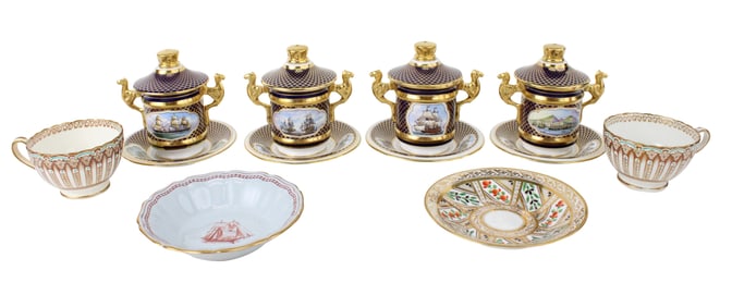 Four Spode "Armada Cup" Covered Cups and Saucers