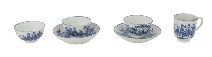 First Period Worcester Tea Bowls, Saucers, and Teacups