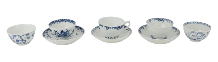 First Period Worcester Tea Bowls, Saucers, and Teacups