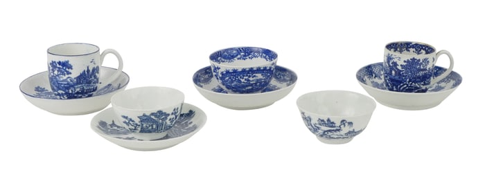 First Period Worcester Tea Bowls, Saucers, and Teacups