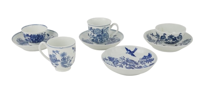 First Period Worcester Tea Bowls, Saucers, and Teacups