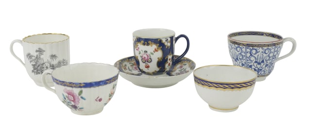 First Period Worcester Tea Bowls, Saucers, and Teacups