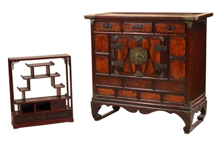 Chinese Metal Mounted Stained Wood Cabinet