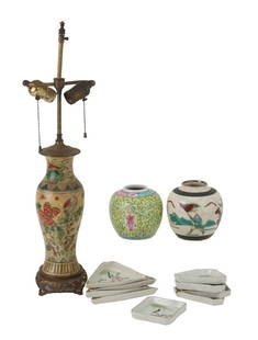 Group of Chinese Famille Rose Porcelain Table Articles: Group of Chinese Famille Rose Porcelain Table ArticlesComprising, a 9 piece sweetmeat set, two ginger jars, and a vase fitted as a lamp, late 19th/20th C.Vase: 11 in. (27.9 cm.)