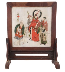 Chinese Painted Stone Plaque Table Screen