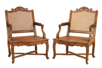 Pair of Louis XV Carved Walnut Caned Back Armchairs