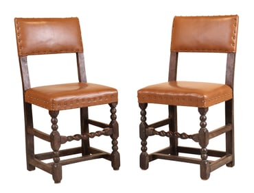Pair of Cromwellian Turned Oak and Upholstered Side Chairs