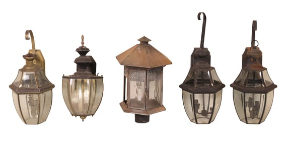 Five Assorted Metal and Glass Outdoor Lanterns