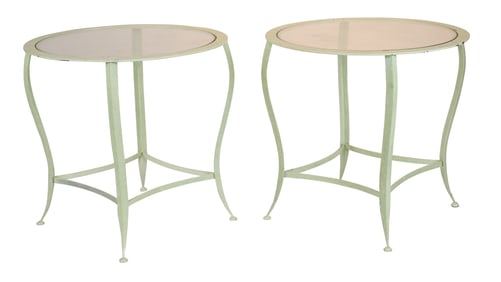 Pair of Green Painted Metal Glass Inset Tables