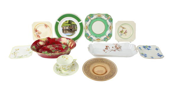 Group of Royal Doulton Assorted Dinnerware: Group of Royal Doulton Assorted DinnerwareComprising, square plates in 4 different patterns, 2 larger, 1 blue flower, 4 brown leaf, and 4 flower, yellow "Primula" teacup, 4 saucers, and 2 square plate