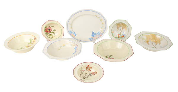 Group of Royal Doulton Bowls: Group of Royal Doulton BowlsComprising, a "Windsor" serving bowl and oval platter, 4 bird and flower soup bowls, 8 tree decorated soup bowls and a serving bowl, a yellow flower serving bowl, and 7 pin