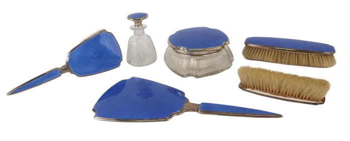 Six Sterling and Blue Enamel Dresser Set
