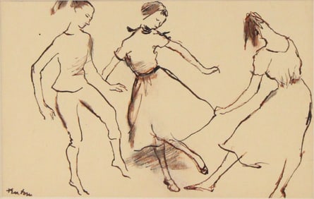Roberto Martone, Italian 1940, Three Young Girls Dancing, Black Ink, Colored Pencils & Wash